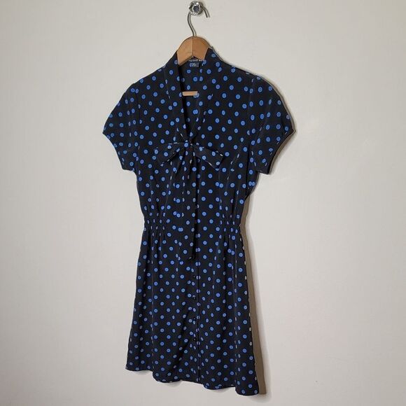 Short Sleeve Polkdot Mini Dress W/ Smocked Waist & Neck-Tie - Picture 7 of 8